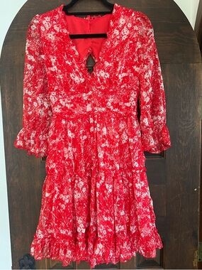 Red Floral V-Neck Open Back Mini Dress